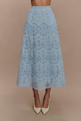 Arla Broderie Midi Skirt - Pale Cornflower Blue